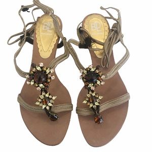 Baldan Italian Rhinestone Metallic Strappy Wrap Tie Gladiator Flat Sandals 37.5
